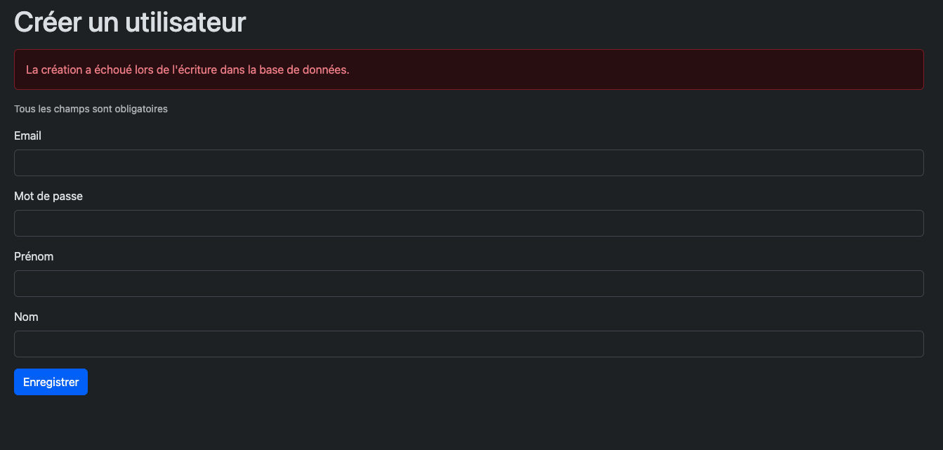 Erreur formulaire cr&eacute;ation