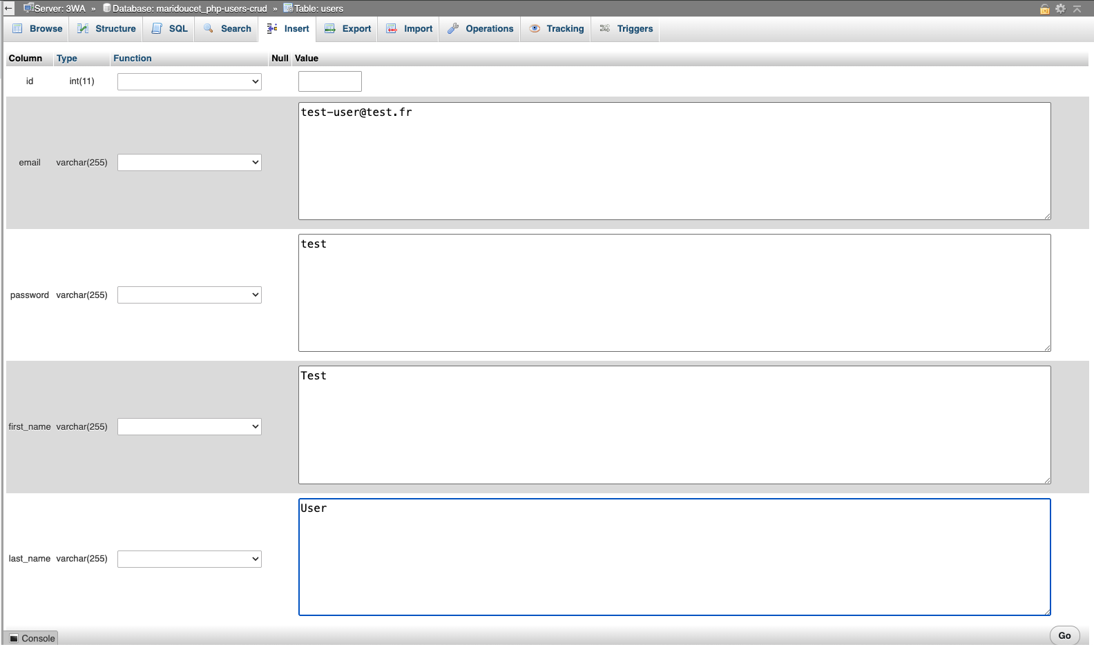 Cr&eacute;ation d'un user de test dans PHPMyAdmin