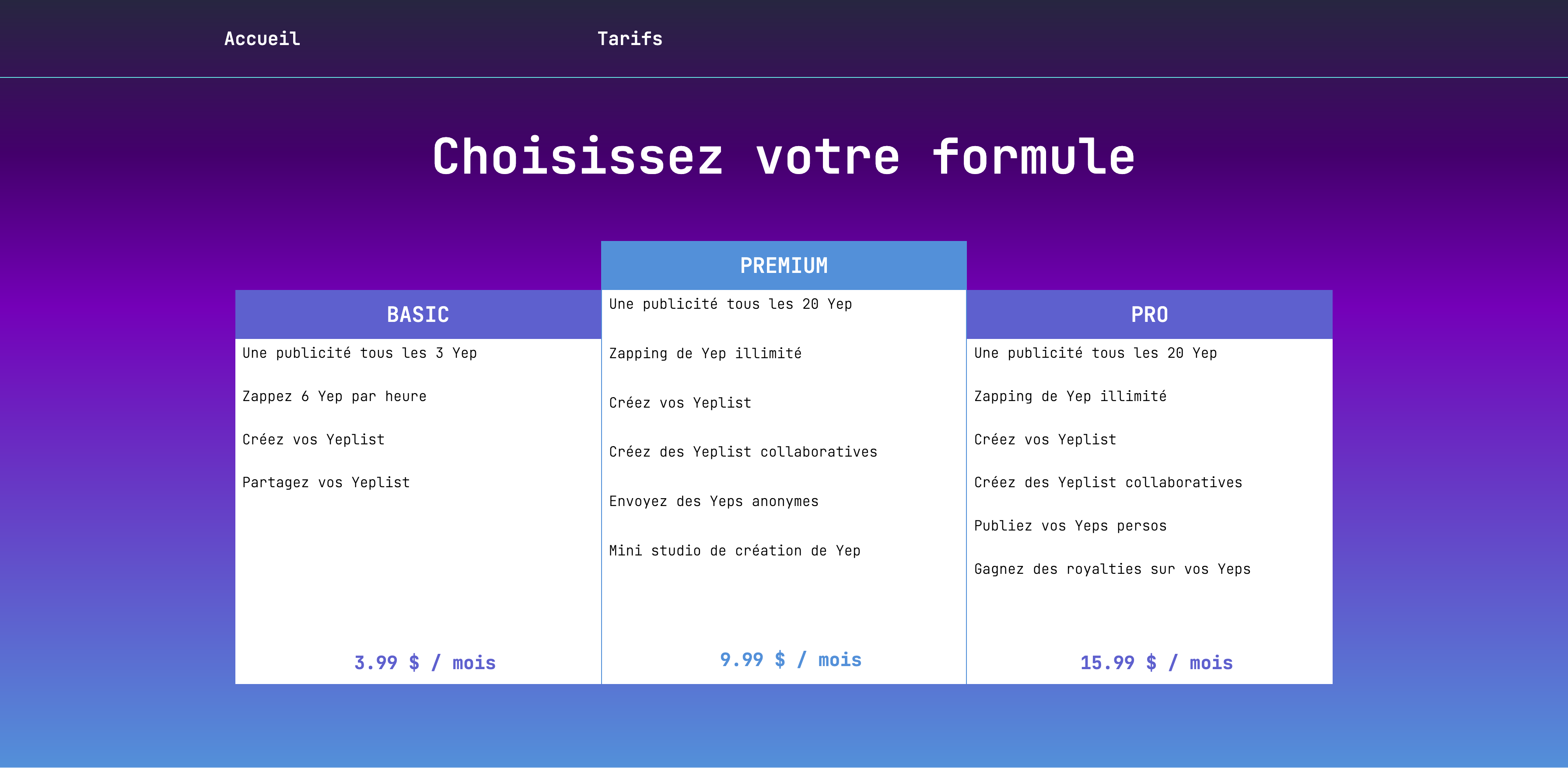 maquette page tarifs